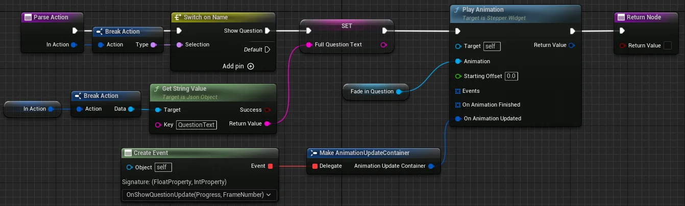 Blueprint graph reading question text from logged JSON and playing a synchronized Stepper widget animation