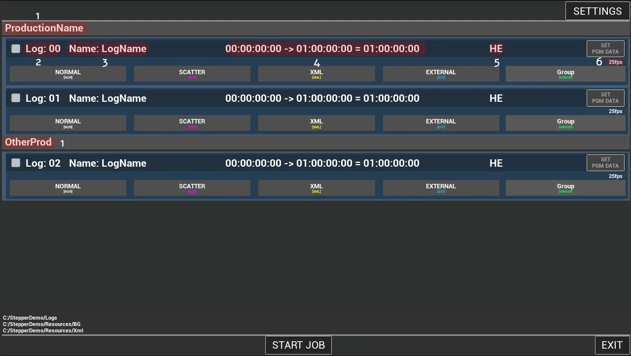 Stepper Job Planner showing production logs and Normal, Scatter, XML, and External camera actions