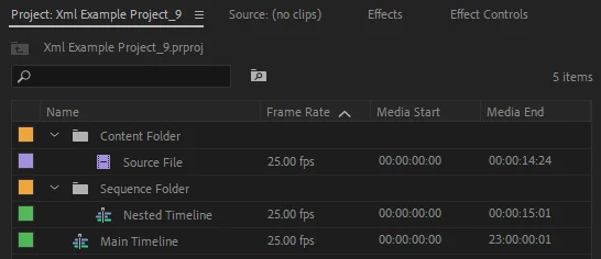 Premiere project panel with generated media folders, source file, nested timeline, and main timeline