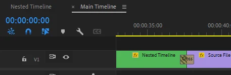 Premiere timeline containing generated nested clips, a source clip, and a cross dissolve